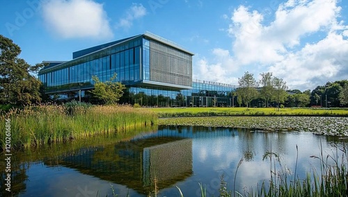 Modern glass office building reflected in a tranquil pond, surrounded by lush greenery and blue sky.