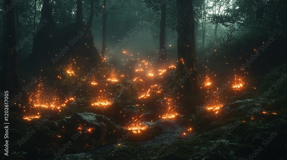 Mystical forest fire at night with glowing embers and smoke. Mystical forest fire at night with glowing embers and smoke.