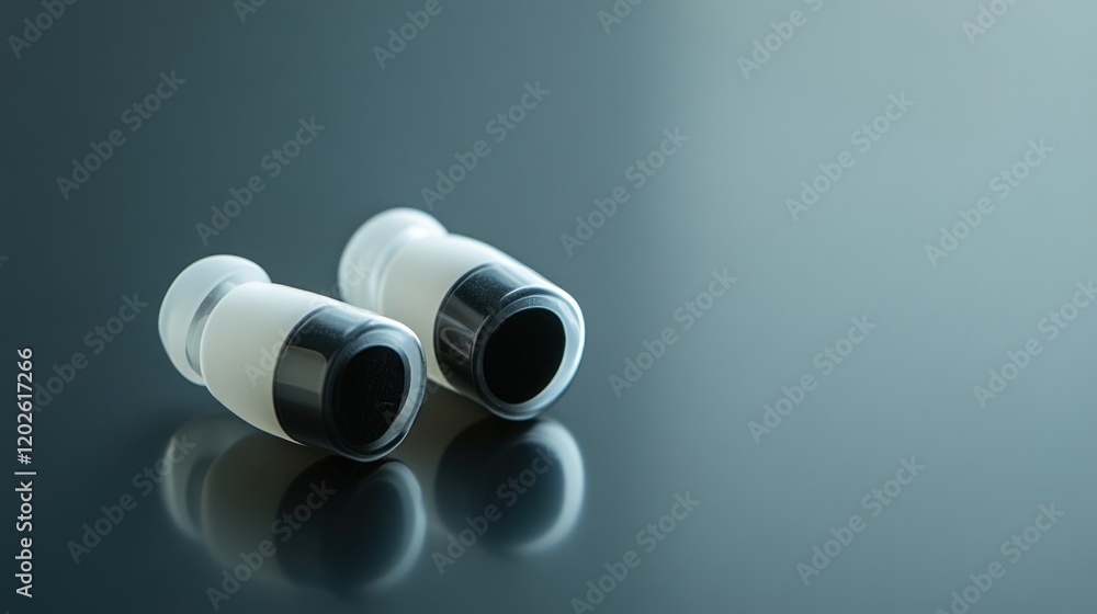 Fototapeta premium White black earplugs studio shot, reflective surface, noise reduction, audio