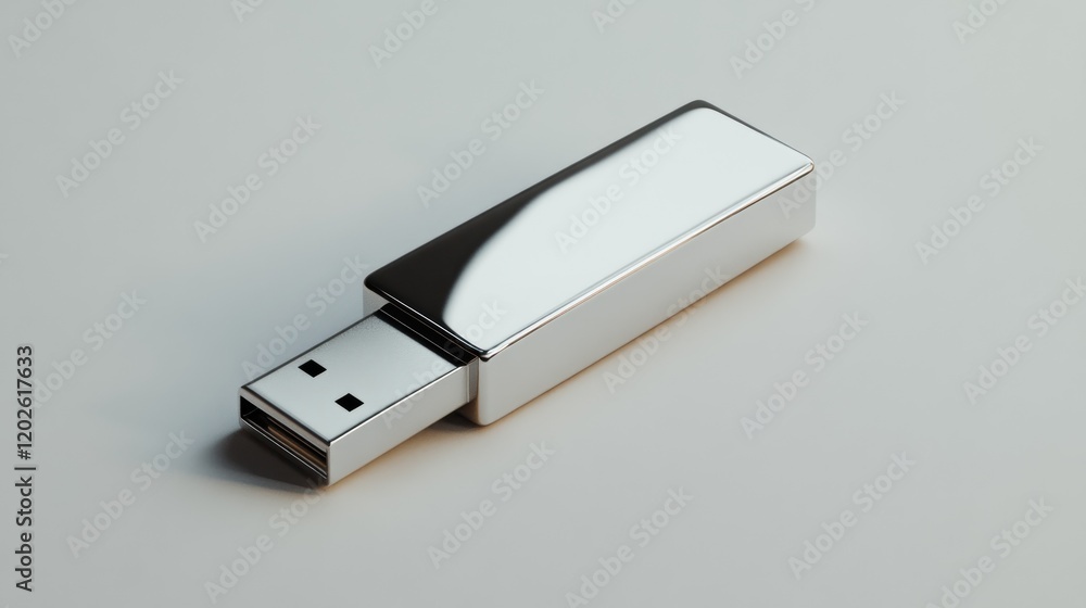 Sleek silver USB drive on white background; data transfer; minimal studio shot; digital storage Sleek silver USB drive on white background; data transfer; minimal studio shot; digital storage