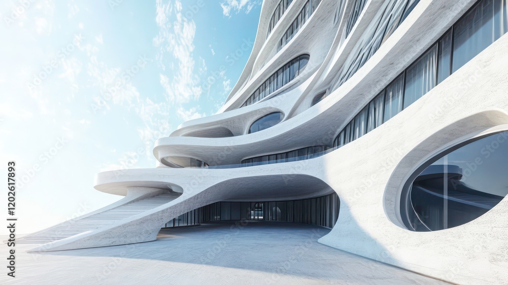 Modern white concrete building with flowing curves, large windows, and open plaza. Modern white concrete building with flowing curves, large windows, and open plaza.