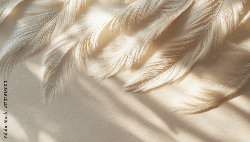 Soft, white feathers arranged on a beige surface with sunlight creating shadows. Soft, white feathers arranged on a beige surface with sunlight creating shadows.