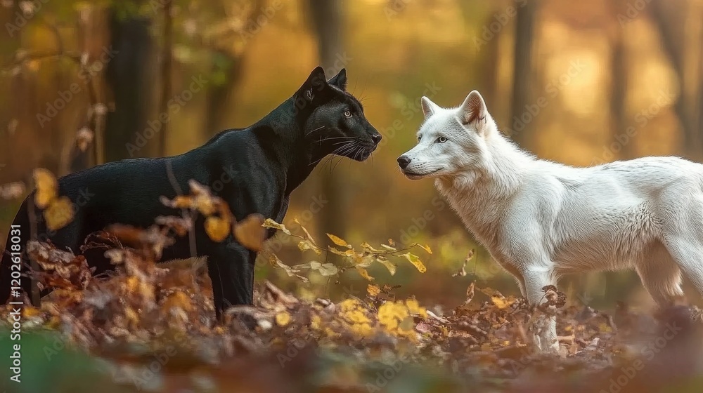 An artistic portrayal of a majestic black panther and a white wolf staring intently at each other amidst a picturesque autumn scenery, showcasing nature's beauty. An artistic portrayal of a majestic black panther and a white wolf staring intently at each other amidst a picturesque autumn scenery, showcasing nature's beauty.