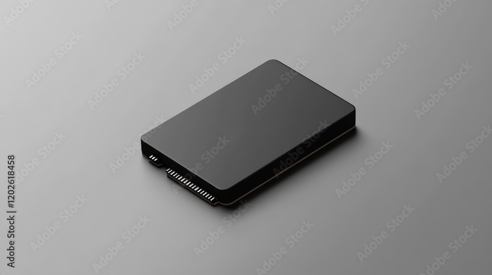 Black SSD drive on grey background, data storage, technology Black SSD drive on grey background, data storage, technology