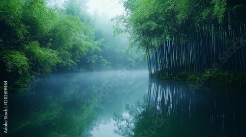 Misty morning serene bamboo forest reflected in calm water.