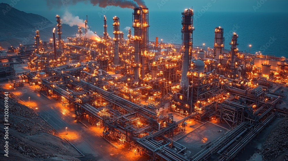 Fototapeta premium Illuminated Industrial Complex at Dusk: A Coastal Refinery's Night Glow