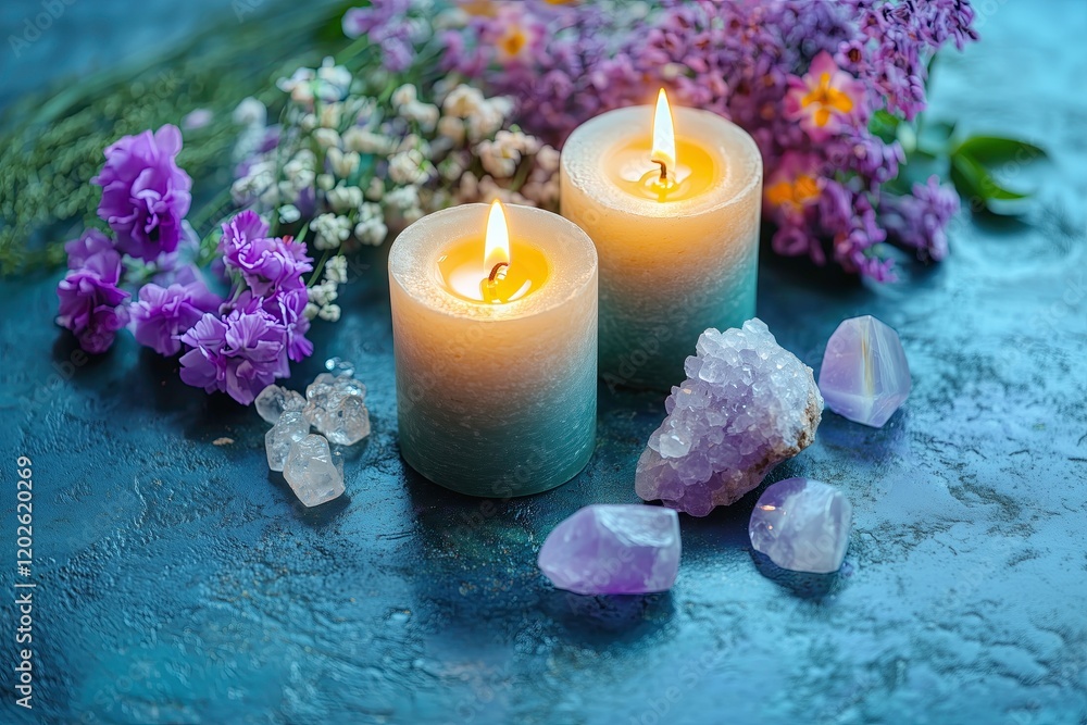 Lit candles with crystals and flowers on textured surface Lit candles with crystals and flowers on textured surface