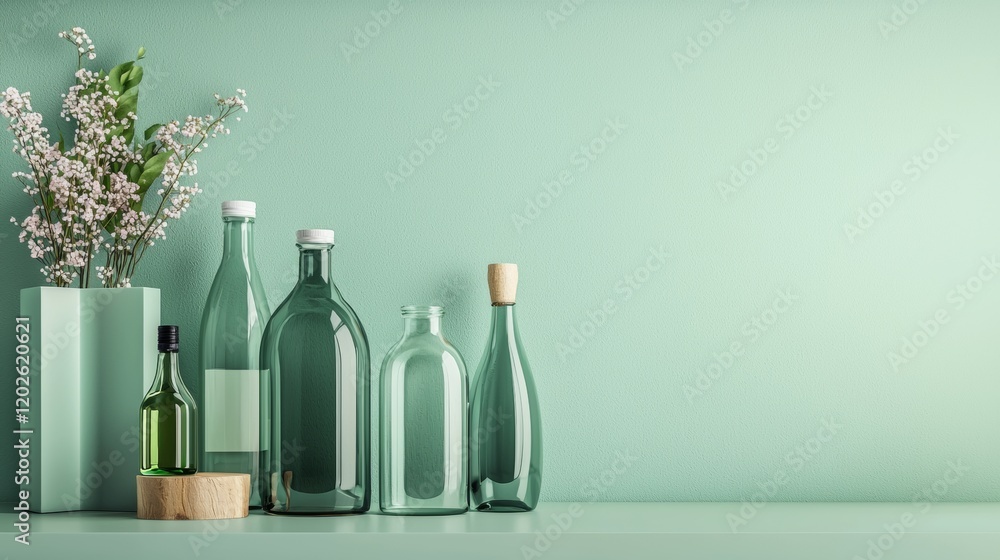Minimalist glass bottles with soft green backdrop Minimalist glass bottles with soft green backdrop