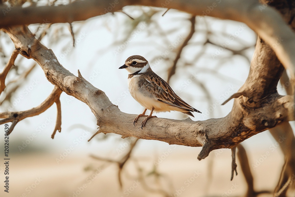 Small bird perched on a tree branch in a desert landscape. Small bird perched on a tree branch in a desert landscape.