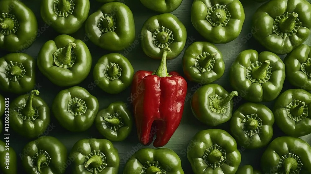 A row of mixed green and red peppers features a red pepper centered A row of mixed green and red peppers features a red pepper centered