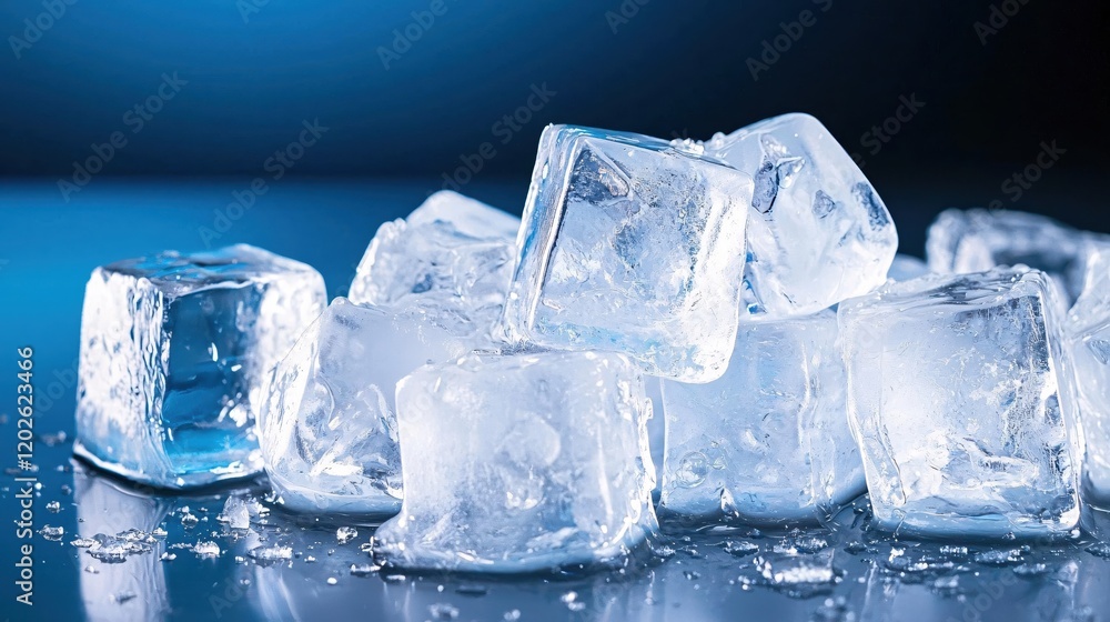 Obraz premium Sparkling Ice Cubes on Blue Background Cool Refreshing Texture