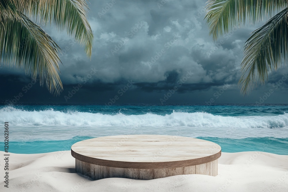 Wooden platform on sandy beach with stormy ocean backdrop. Wooden platform on sandy beach with stormy ocean backdrop.