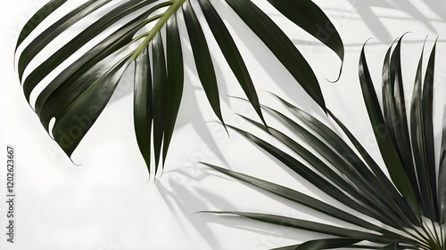 A light-filled white background featuring soft and detailed palm leaf shadows for a chic and natural design theme.

