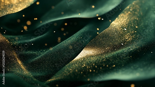 Emerald green fabric with gold dust and bokeh effect for a luxurious look and feel photo