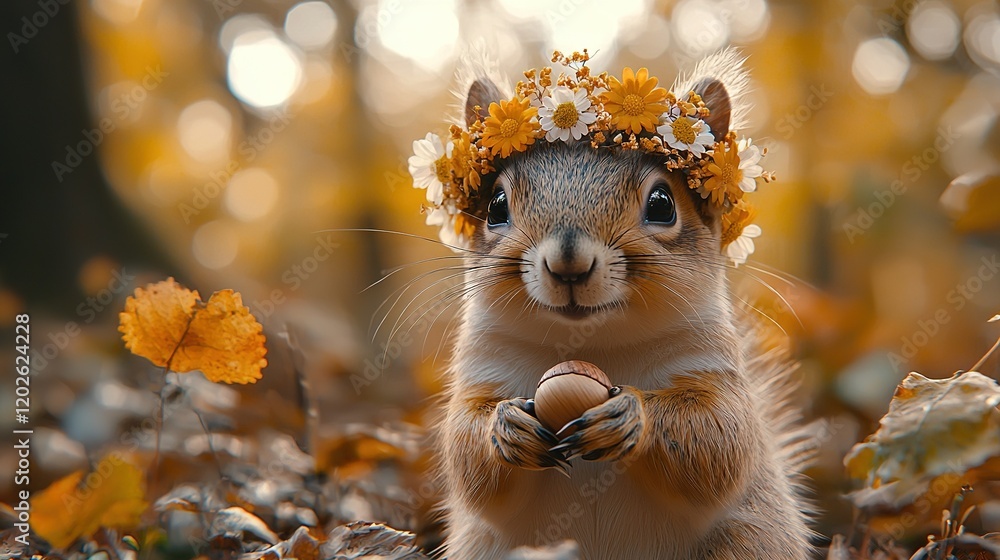 Fototapeta premium A squirrel wearing a floral crown sits amidst leaves, facing the camera