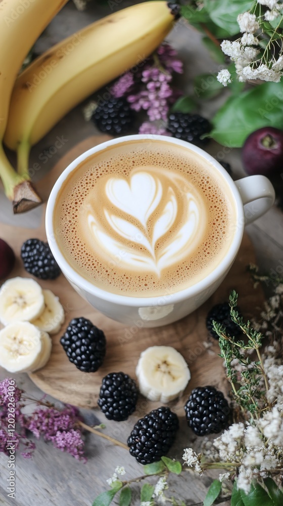 Latte Art with Bananas and Blackberries Latte Art with Bananas and Blackberries