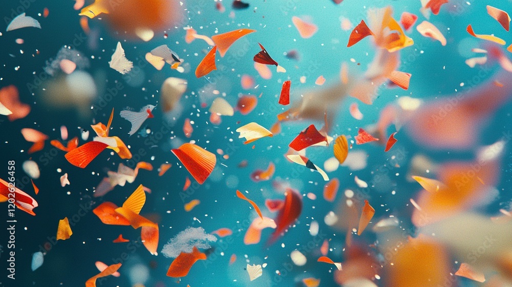 Orange and white confetti flying in the air against a blue background Orange and white confetti flying in the air against a blue background