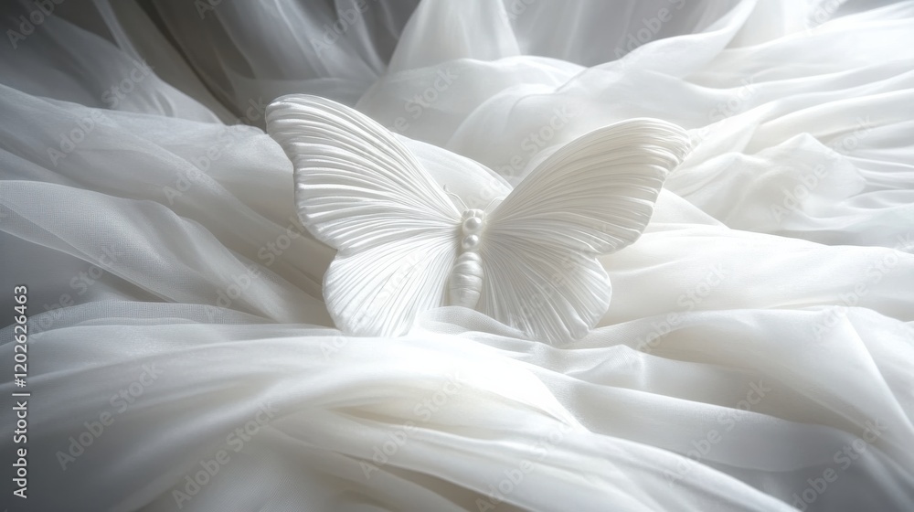 A minimalist butterfly crafted from white materials resting gently on flowing fabric, creating a serene atmosphere that evokes feelings of calmness and simplicity. A minimalist butterfly crafted from white materials resting gently on flowing fabric, creating a serene atmosphere that evokes feelings of calmness and simplicity.