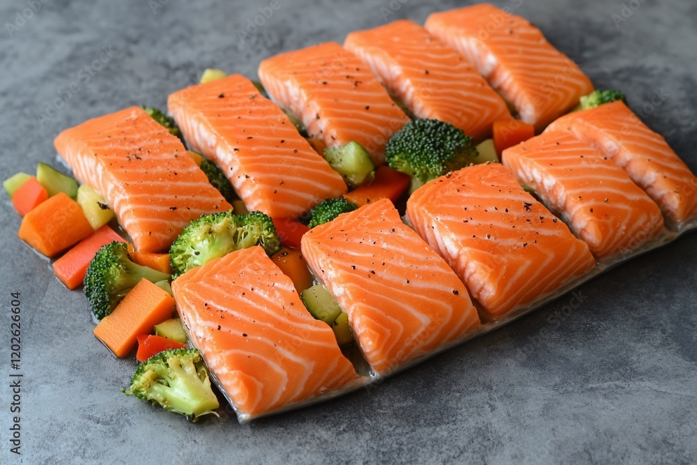 Raw salmon fillets arranged with broccoli, carrots, and zucchini on a baking sheet. Raw salmon fillets arranged with broccoli, carrots, and zucchini on a baking sheet.