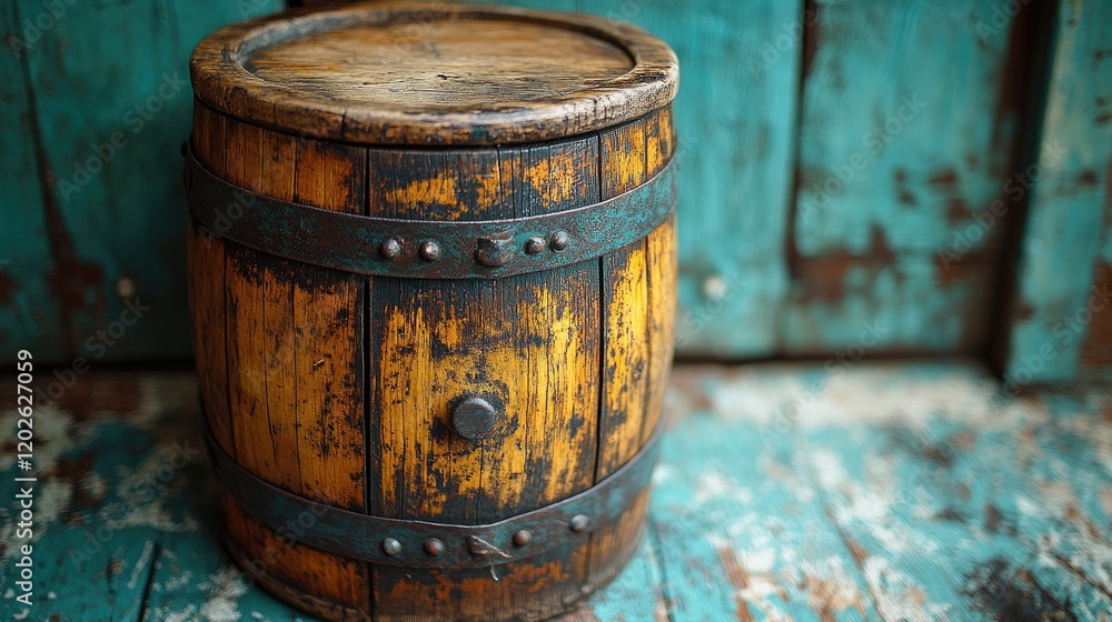 Fototapeta premium A rustic wooden barrel with a weathered finish, set against a textured blue background.