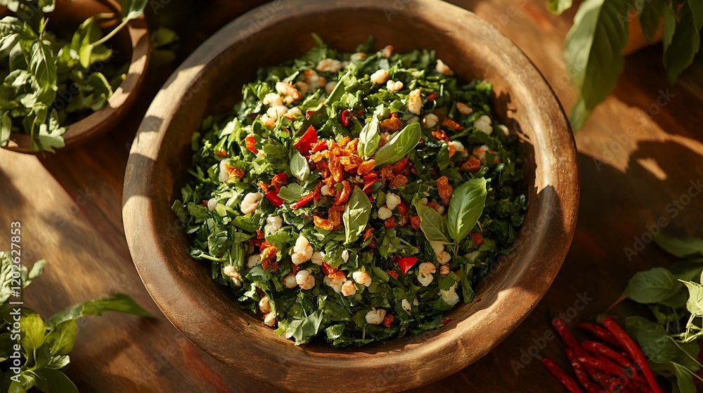 Fresh shrimp salad in wooden bowl, herbs, sunlight Fresh shrimp salad in wooden bowl, herbs, sunlight