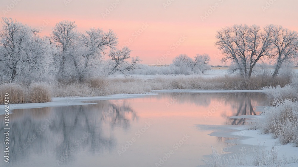 Frozen river at dawn, peaceful winter landscape Frozen river at dawn, peaceful winter landscape