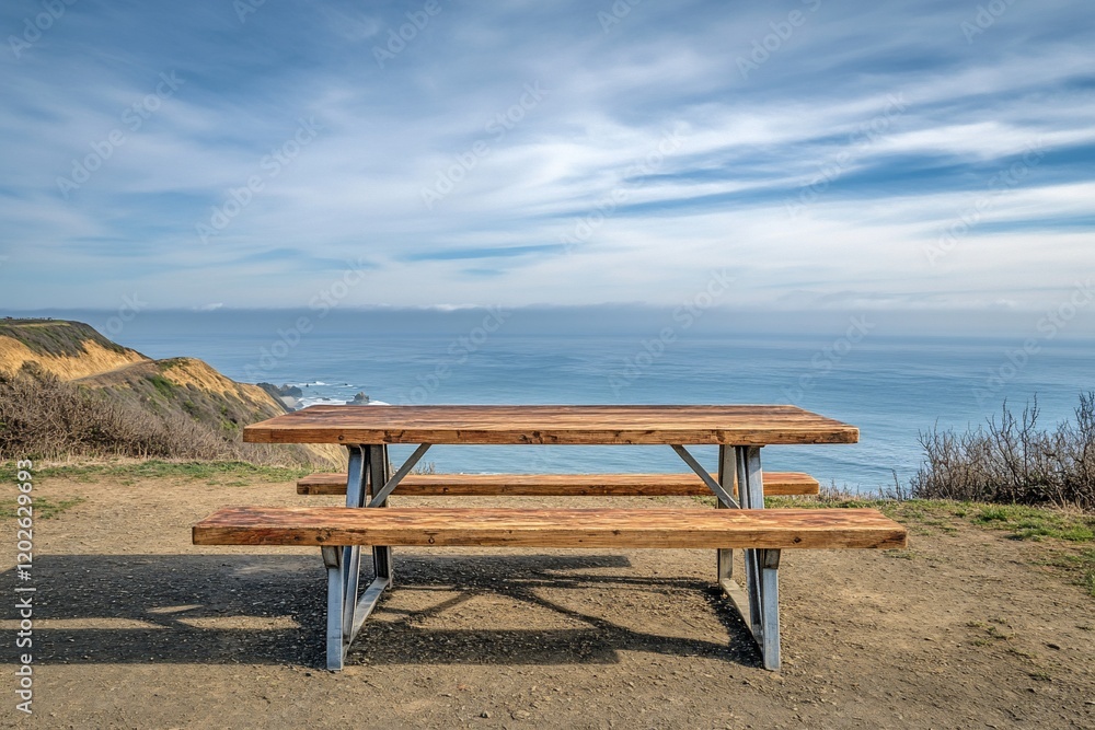 Rustic picnic table overlooking ocean. Rustic picnic table overlooking ocean.