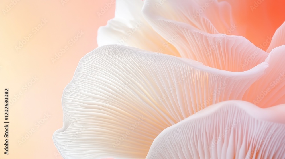 Delicate white mushroom close-up, soft background, nature, food, health Delicate white mushroom close-up, soft background, nature, food, health