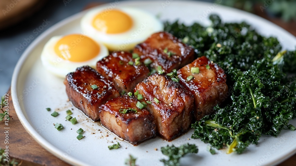 Glazed pork cubes, eggs, and kale breakfast dish Glazed pork cubes, eggs, and kale breakfast dish