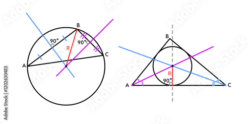 Scheme of constructing an inscribed circle in triangle and circumscribed circle around triangle. Vector illustration of infographics on mathematics and geometry for school students, tutor, website.