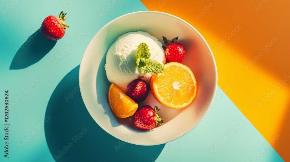 Fresh fruit salad on a colorful modern background Fresh fruit salad on a colorful modern background