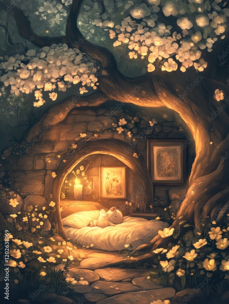 Obraz premium Cozy sleeping nook beneath a flowering tree in a tranquil enchanted woodland setting. Generative AI