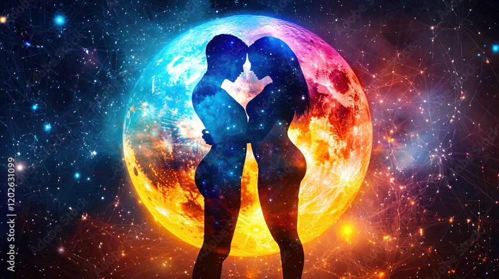 Naklejka premium Cosmic Embrace Silhouette Couple Love Celestial Moon Space Galaxy