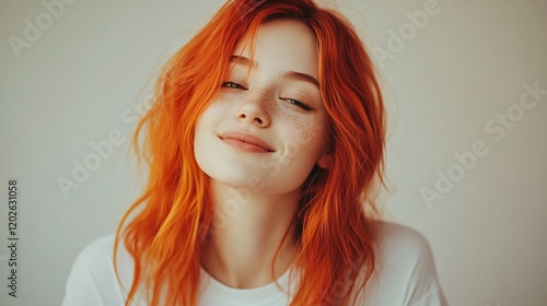 Confident Young Woman with Vibrant Red Hair Smiling on a Minimalist Background photo