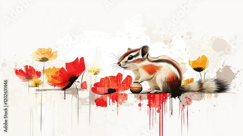   Chipper on ledge, yellow and red flowers, white background