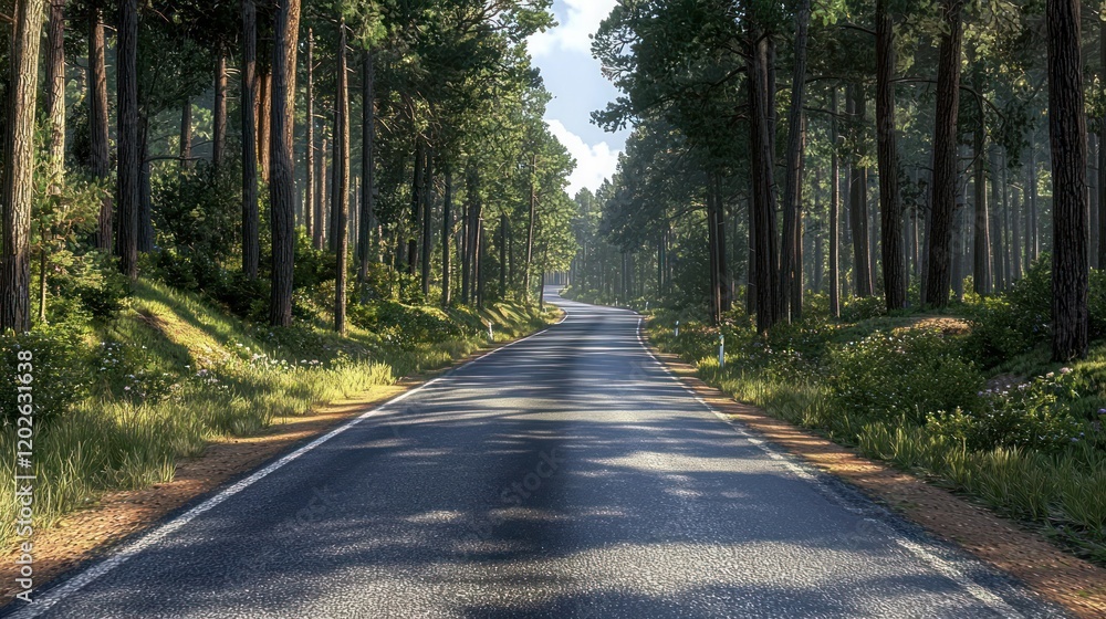 Fototapeta premium Scenic Drive Through Lush Pine Forest: A Tranquil Journey