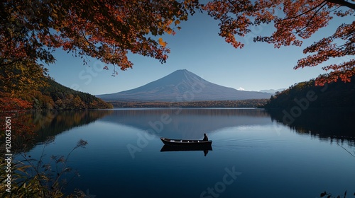 Serene Boat on Misty Lake with Autumn Colors and Snow-Capped Mountain photo