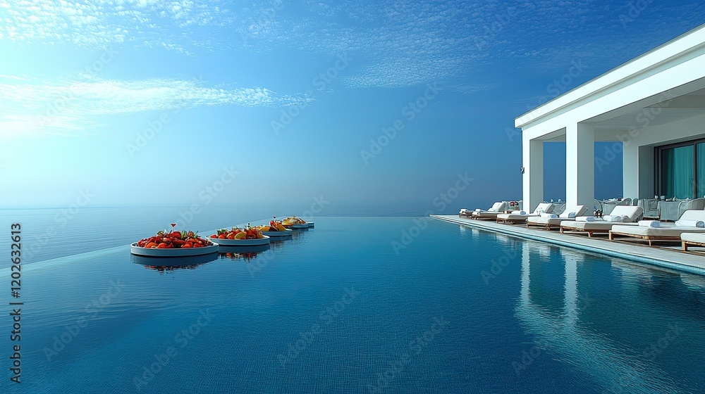 Obraz premium A serene infinity pool with fruit displays, overlooking a tranquil sea under a clear sky.