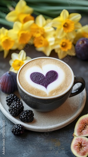Wallpaper Mural Heart-Shaped Latte Art with Figs and Blackberries, Spring Daffodils Torontodigital.ca