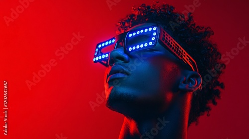 Futuristic LED Glasses on Teenager with Red and Blue Neon Lights photo