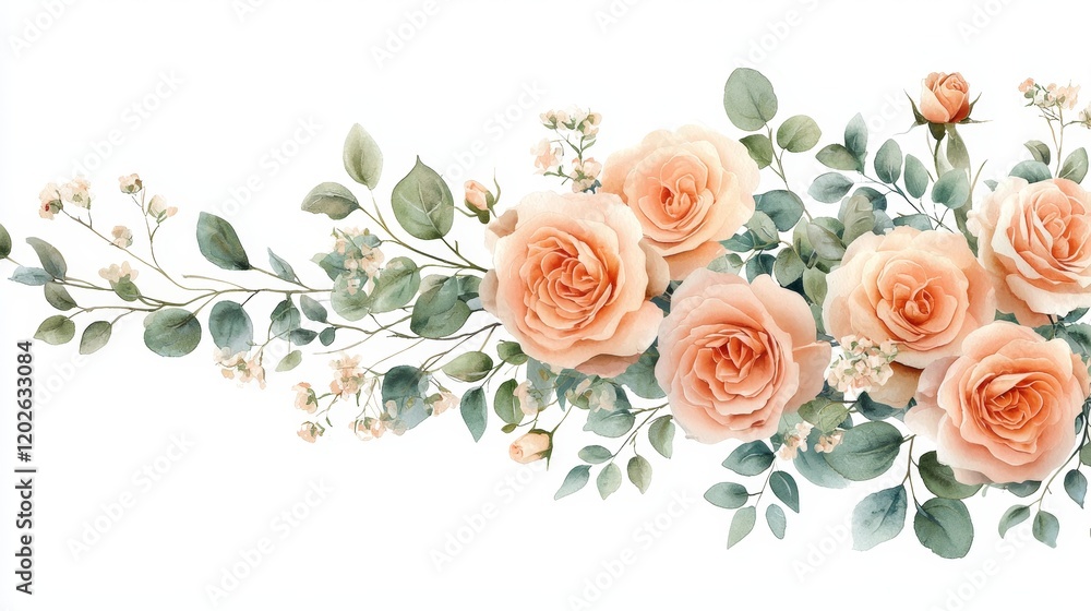 Close-up watercolor painting of delicate rose bouquets, vibrant botanical leaves, and soft pastels, isolated on a white background, elegant floral arrangement Close-up watercolor painting of delicate rose bouquets, vibrant botanical leaves, and soft pastels, isolated on a white background, elegant floral arrangement
