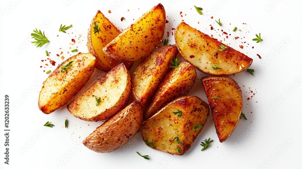 Crispy roasted potato wedges arranged artistically on white background, lightly dusted with paprika and herbs, gourmet snack appeal Crispy roasted potato wedges arranged artistically on white background, lightly dusted with paprika and herbs, gourmet snack appeal