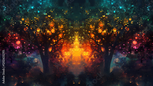 Magical fantasy wood, large treest and dark colors, ai generated. Enchanted Fairy Forest. Illustration photo