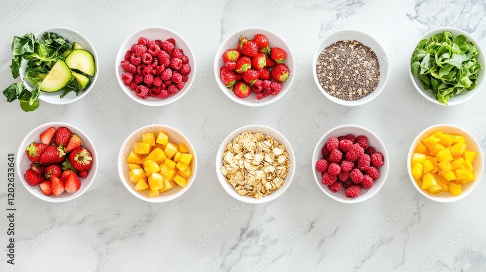 Assortment of fresh fruits, vegetables, and grains in bowls on a marble surface. Perfect for a healthy breakfast or snack. Assortment of fresh fruits, vegetables, and grains in bowls on a marble surface. Perfect for a healthy breakfast or snack.