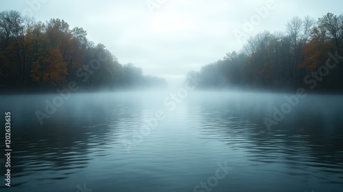 Wallpaper Mural A serene river scene shrouded in mist, surrounded by trees, creating a tranquil atmosphere. Torontodigital.ca