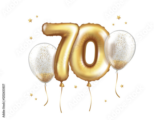 Latex helium balloons made of gold foil and transparent balloons with confetti. Number seventy. Anniversary Realistic vector illustration for birthday