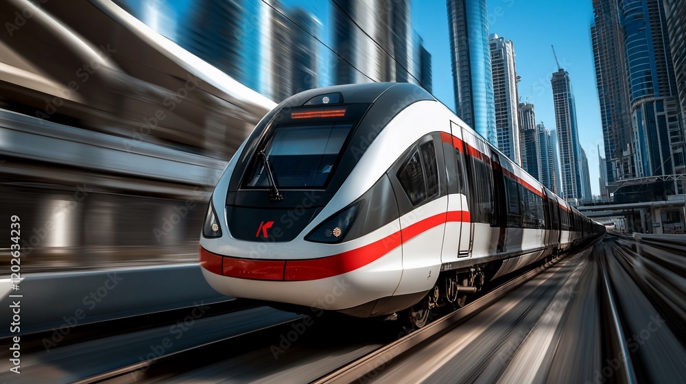Naklejka premium Modern train speeding through city, skyscrapers blurred background, urban transport