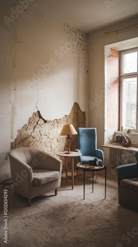 a room under renovation or abandoned with a striking contrast between decrepitude and modern furniture. The white walls are peeling