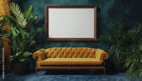Mustard velvet sofa, plants, blank frame, dark teal wall.