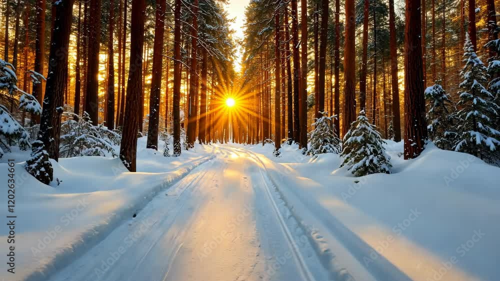 The snow covered pathway winds through the serene winter forest, bathed in the warm glow of the setting sun The snow covered pathway winds through the serene winter forest, bathed in the warm glow of the setting sun